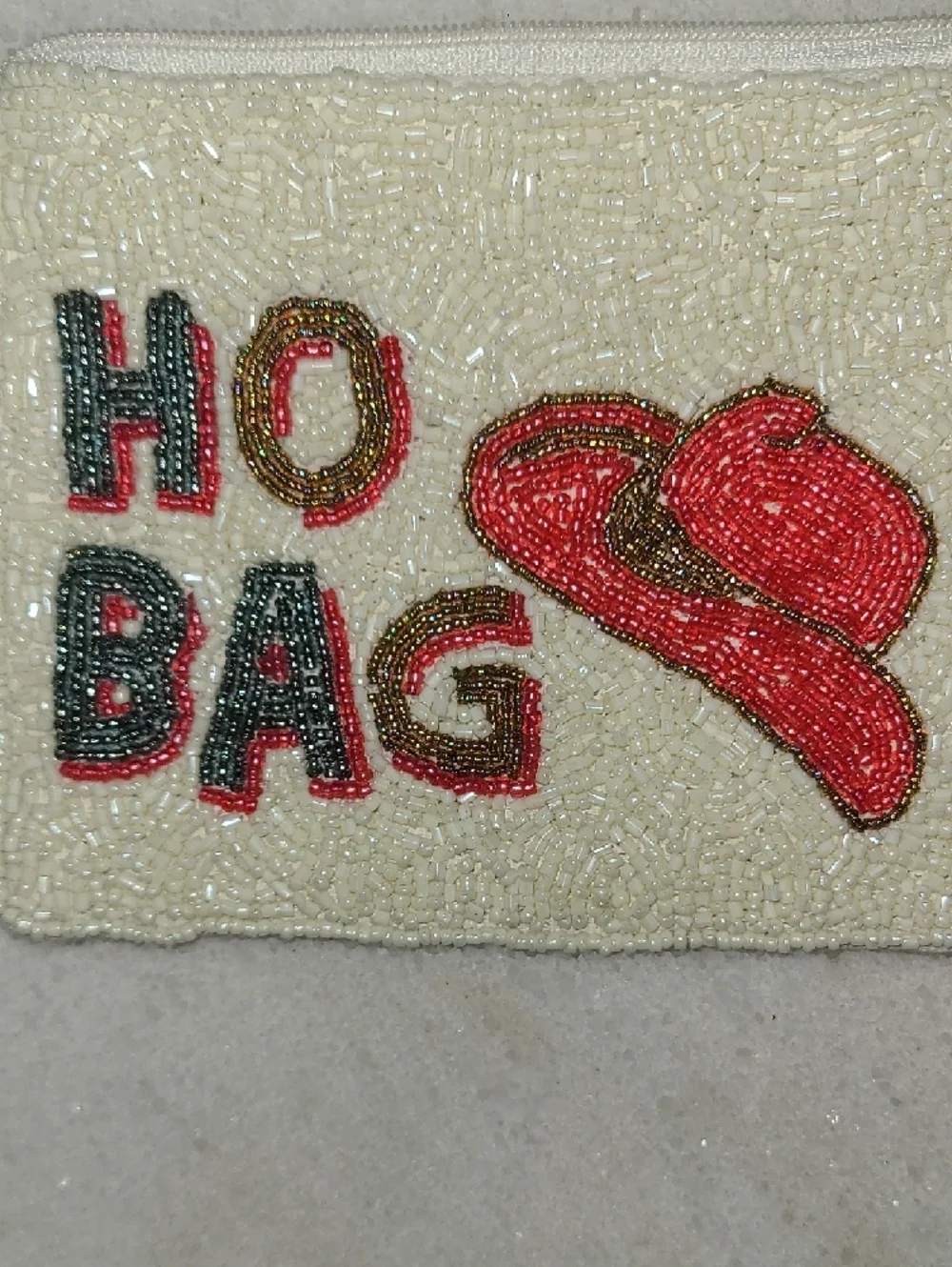Beaded 'Ho Bag' Card & Key Pouch in Cream and Red